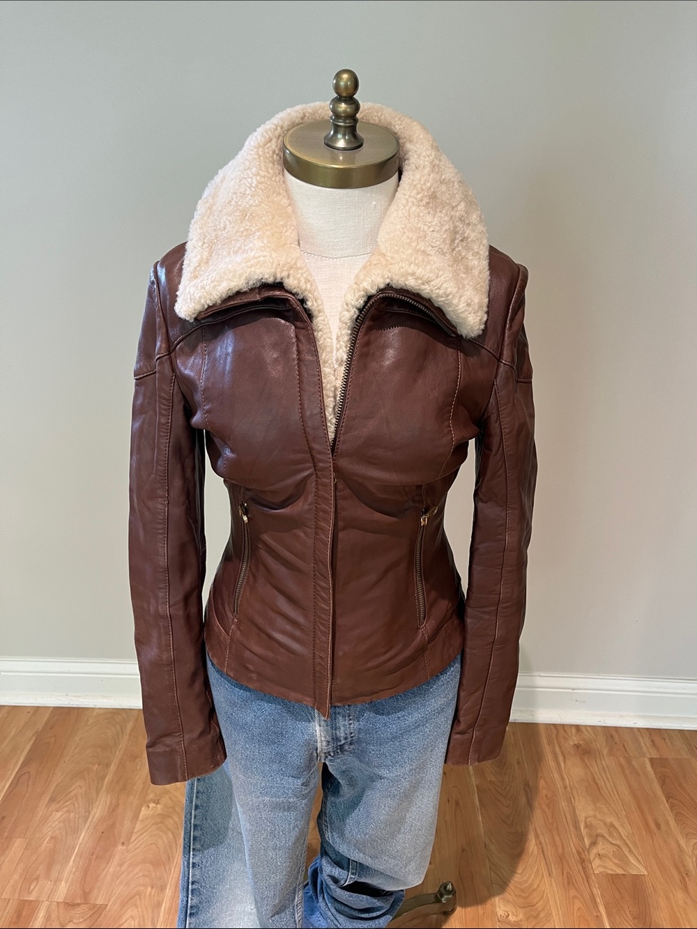 Womens Brown Leather Jacket with Shearling Collar